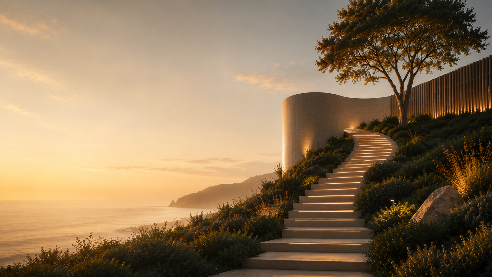 Coastal architectural staircase at sunset