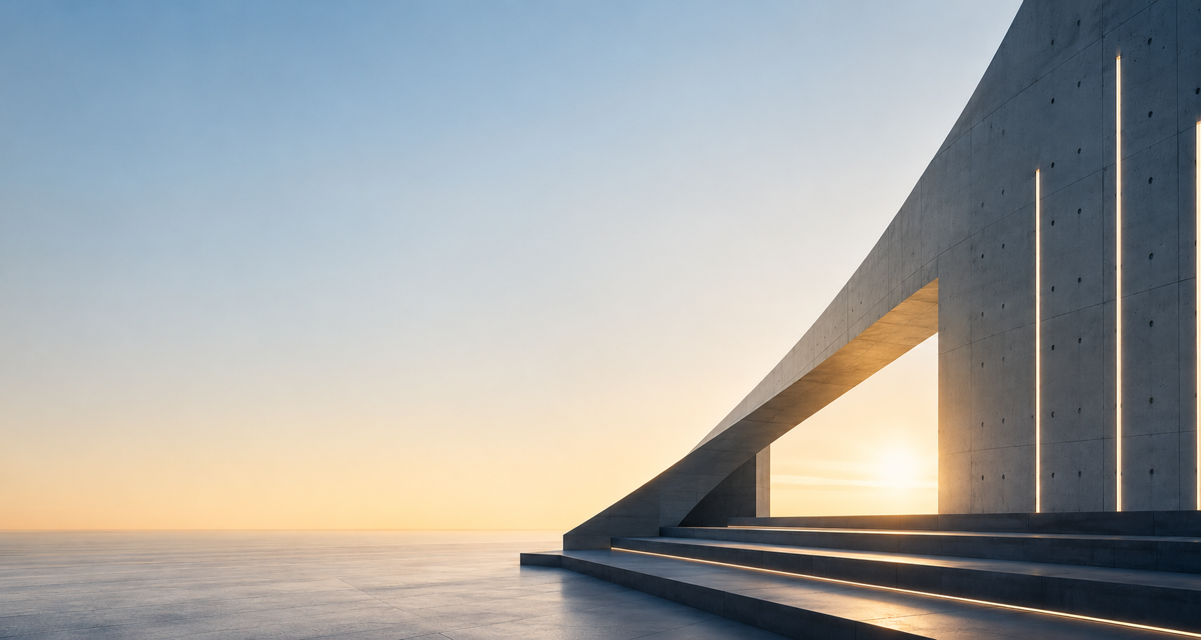 Modern architectural structure at sunrise